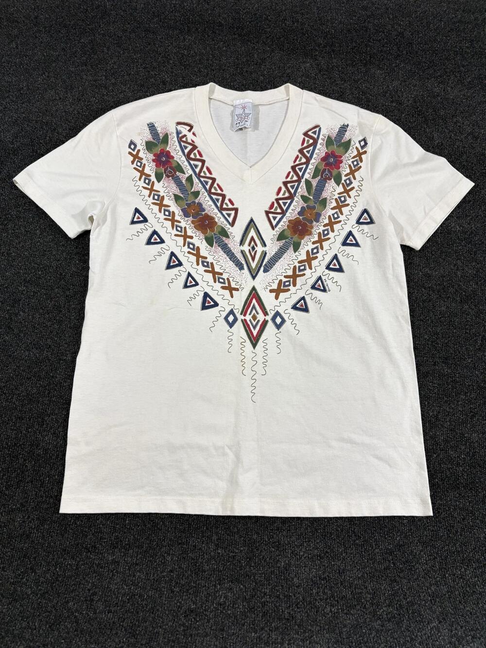 Vintage L.W.B.L. Shirt Mens One Size White V Neck Southwestern Graphic Tribal